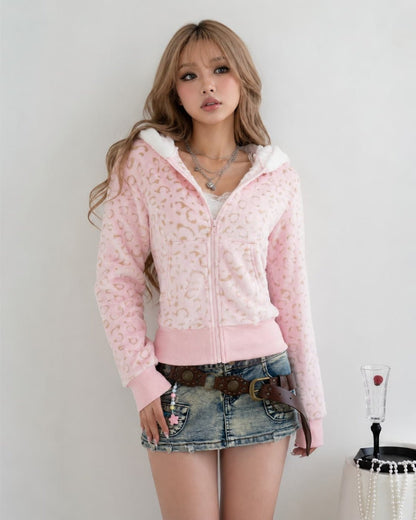 GyaruLab Pink Leopard Fuzzy Zip Hoodie - GyaruLab