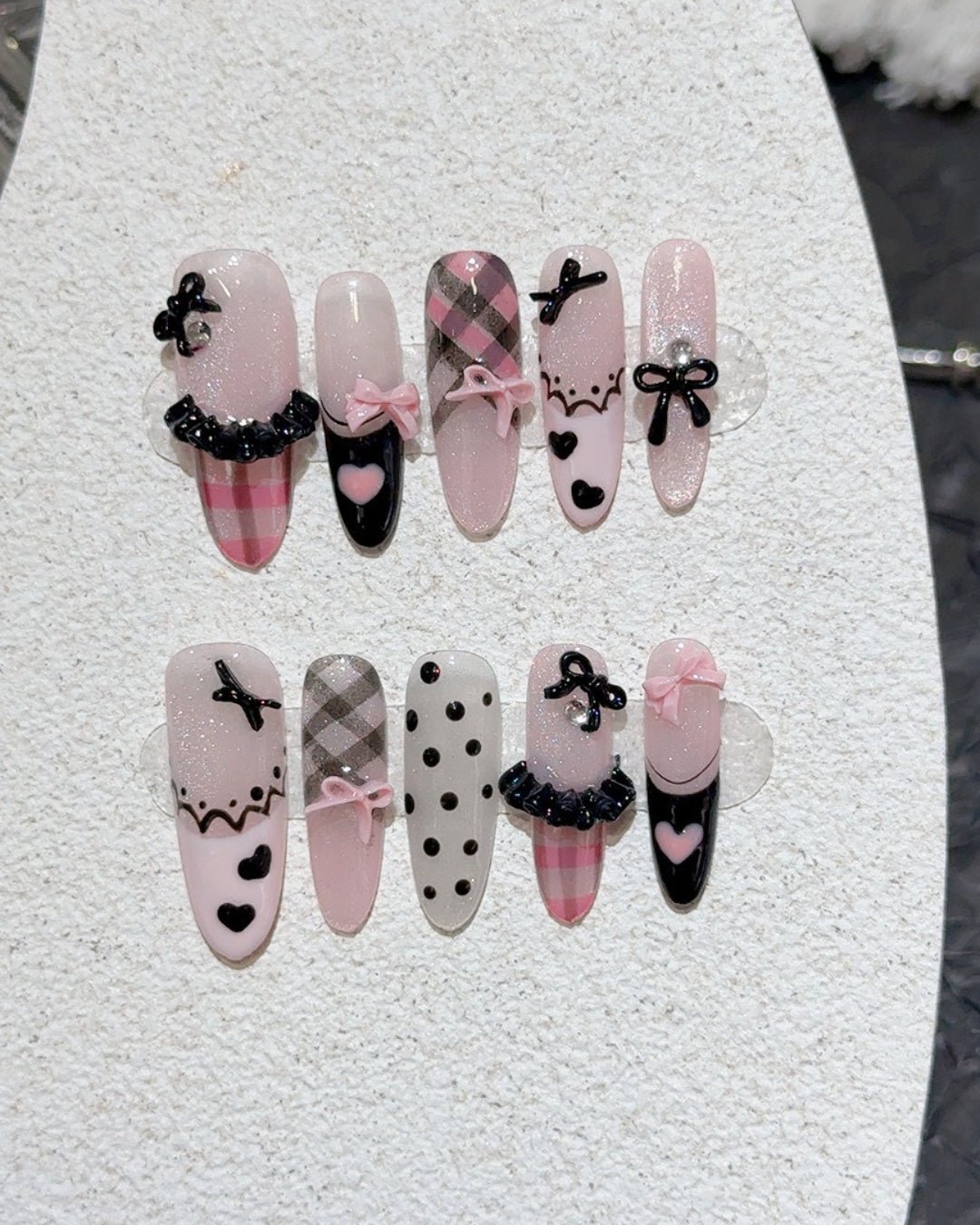 GyaruLab Pink Plaid Bow Press-On Nails - GyaruLab
