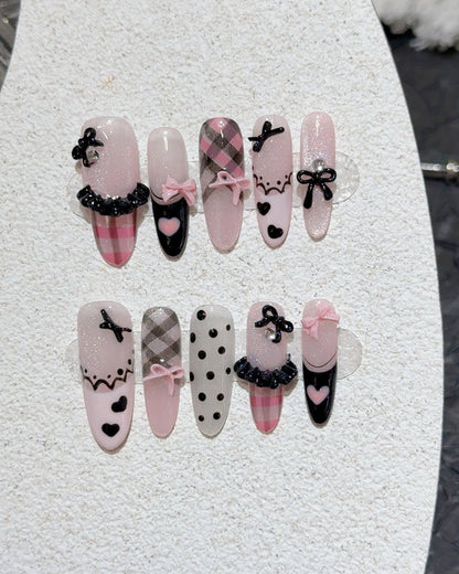 GyaruLab Pink Plaid Bow Press-On Nails - GyaruLab
