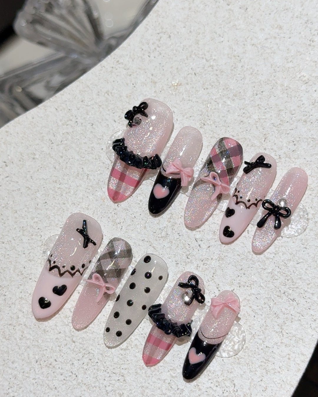 GyaruLab Pink Plaid Bow Press-On Nails - GyaruLab