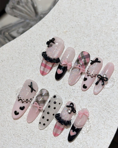 GyaruLab Pink Plaid Bow Press-On Nails - GyaruLab