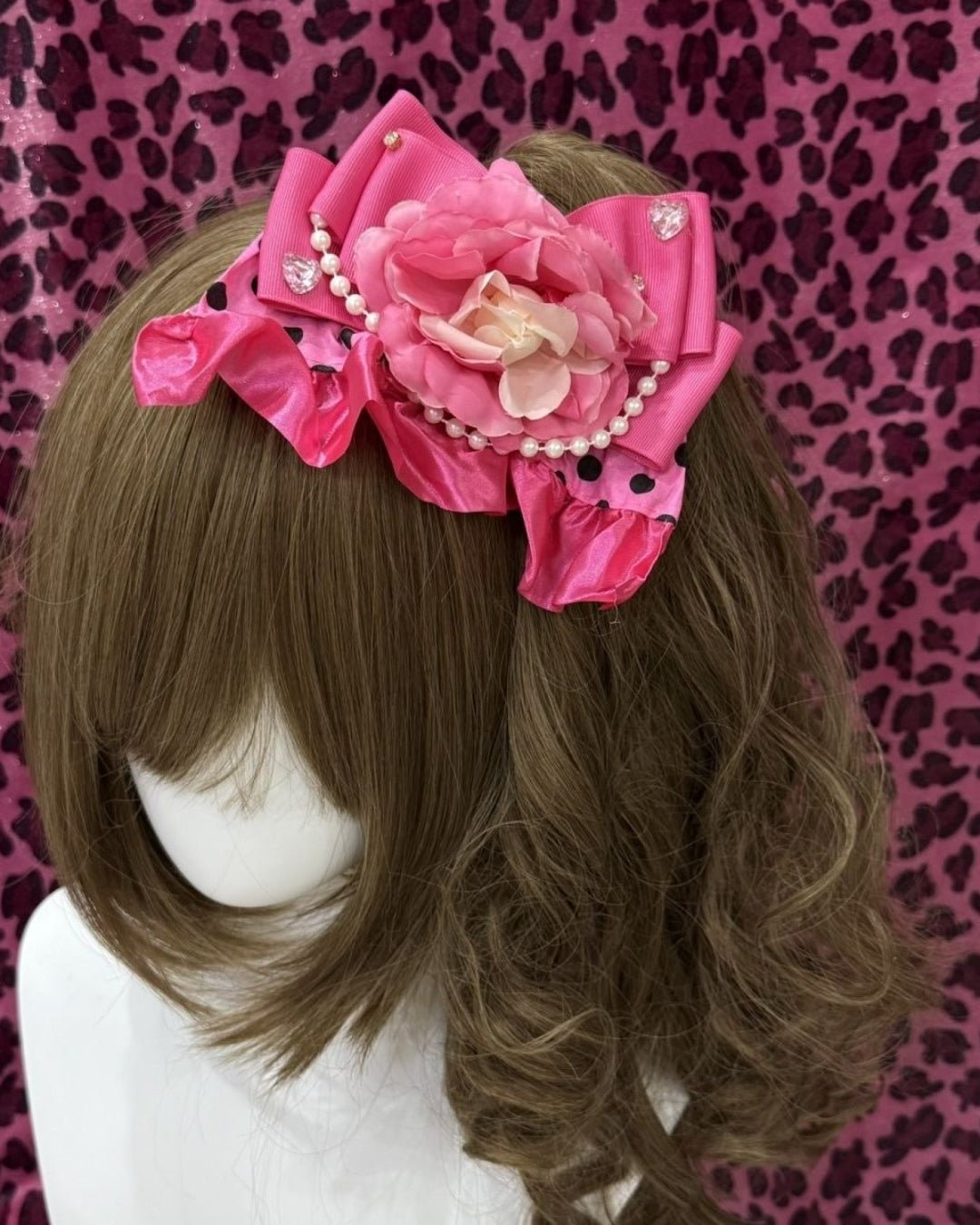 GyaruLab Pink Rose Leopard Bow Hair Accessory - GyaruLab