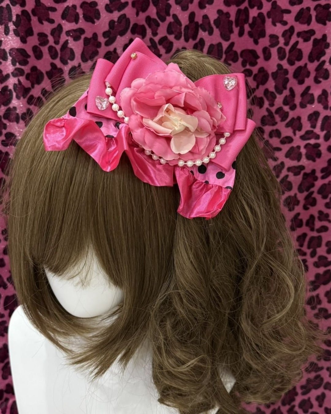 GyaruLab Pink Rose Leopard Bow Hair Accessory - GyaruLab