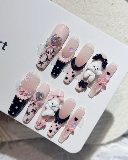 GyaruLab "Poodle Palace" Lace Ribbon Nails - GyaruLab