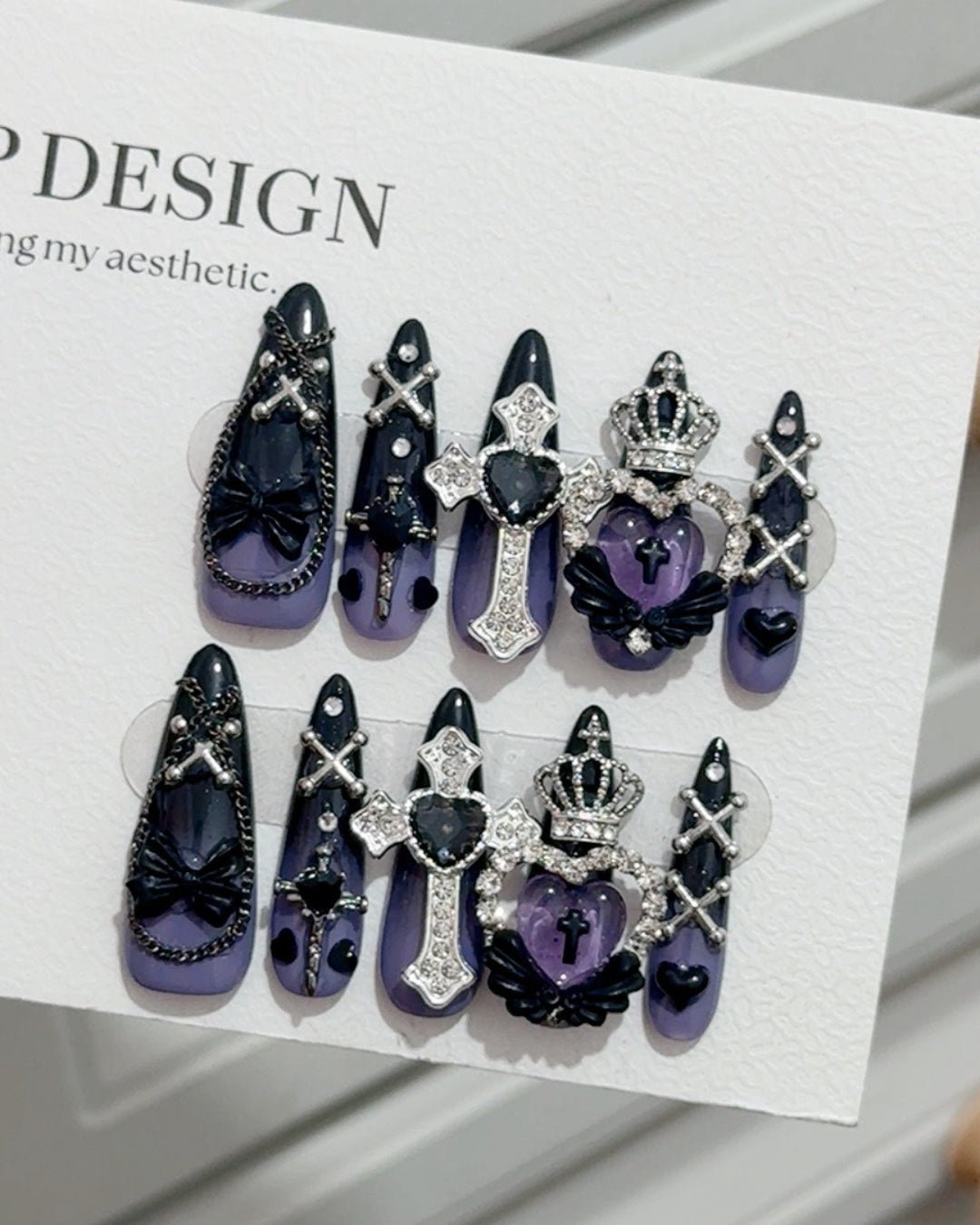 GyaruLab Purple Gothic Crown Cross Rhinestone Nail - GyaruLab