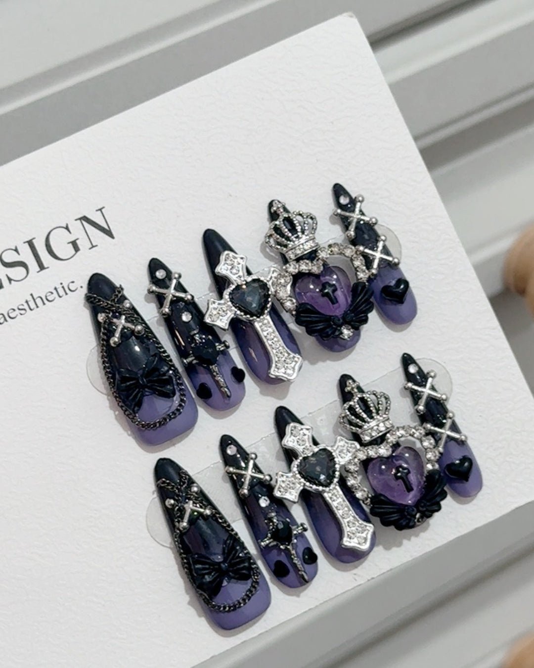 GyaruLab Purple Gothic Crown Cross Rhinestone Nail - GyaruLab