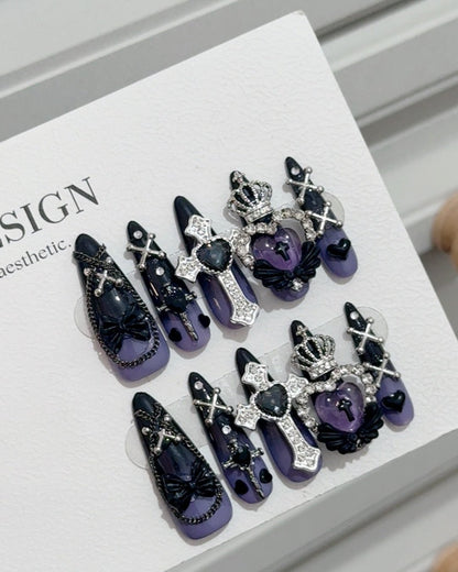 GyaruLab Purple Gothic Crown Cross Rhinestone Nail - GyaruLab