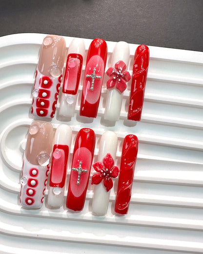 GyaruLab Red Cherry Bow Crystal Press-On Nail - GyaruLab