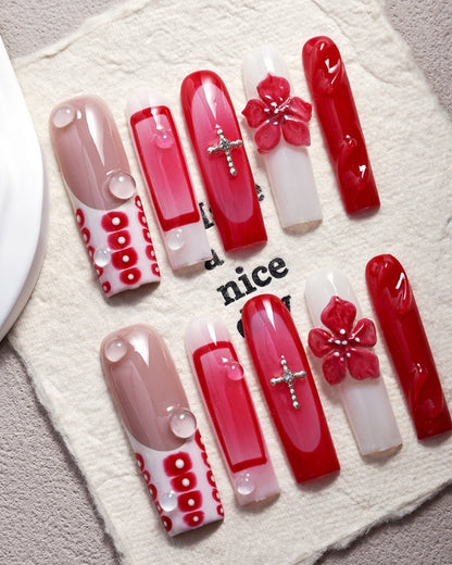 GyaruLab Red Cherry Bow Crystal Press-On Nail - GyaruLab