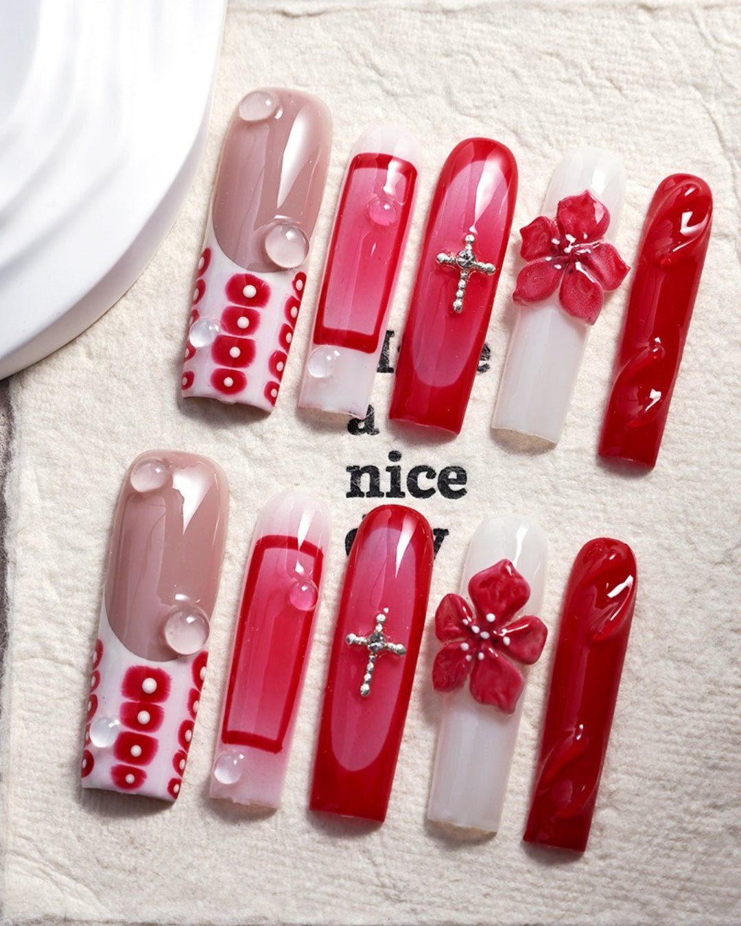 GyaruLab Red Cherry Bow Crystal Press-On Nail - GyaruLab