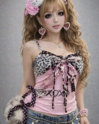 GyaruLab Retro Shibuya Leopard & Bow Print Camisole - GyaruLab