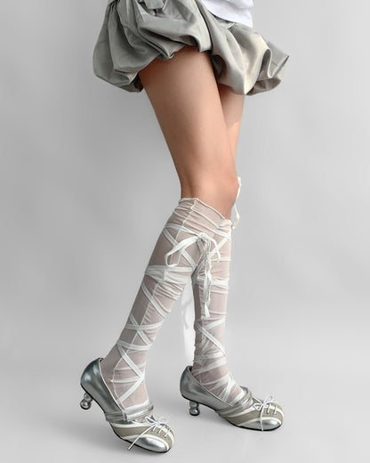 GyaruLab Ribbon Wrap Sheer Knee High Socks - GyaruLab