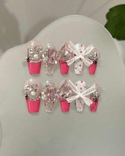 GyaruLab "Royal Ribbon" Pink Crystal Glimmer Nails - GyaruLab