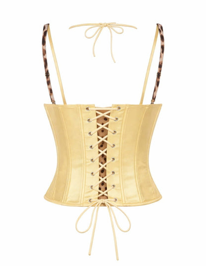 GyaruLab Sexy Halter Neck Corset Top Leopard Patchwork Boned Bustier - GyaruLab