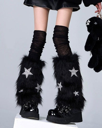 GyaruLab Star Faux Fur Y2K Leg Warmers - GyaruLab