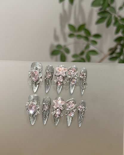 GyaruLab "Starlight Cyber" Pink Jewel Silver Nails - GyaruLab