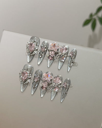 GyaruLab "Starlight Cyber" Pink Jewel Silver Nails - GyaruLab